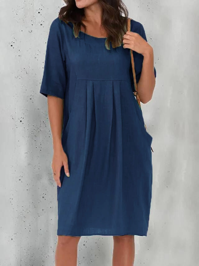 Pleated Pocket Loose  Short-sleeved Dress