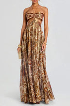 Brown Strapless Lace-up Pleated Dress