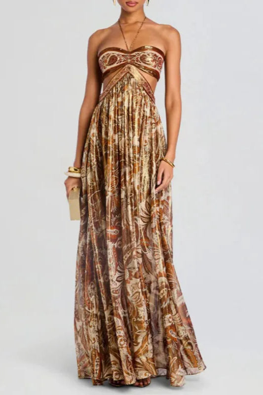 Brown Strapless Lace-up Pleated Dress