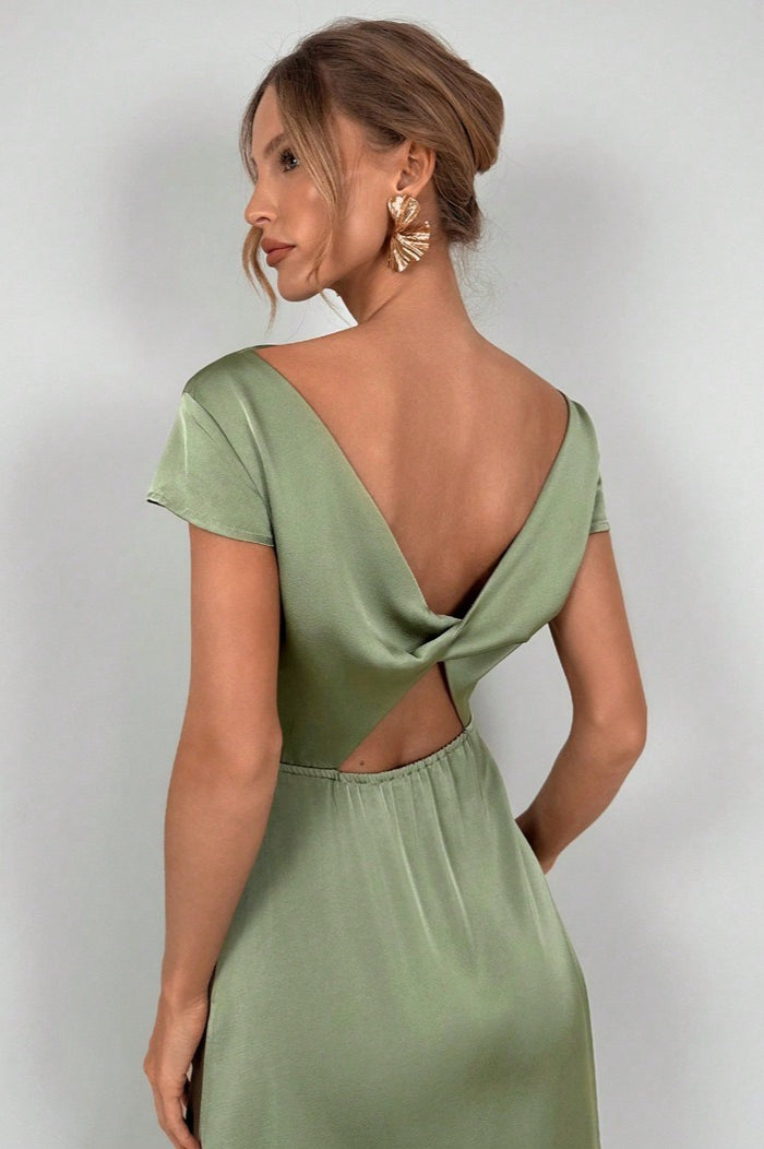Satin Cowl Neck Cap Sleeve Waist Seam Midi Dress