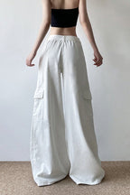 Long Zipper Pocket White Cargo Wide Leg Jeans