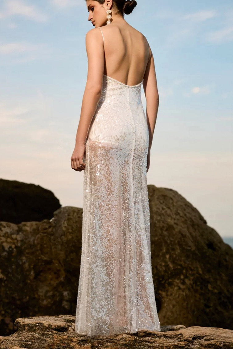 Sequin Spaghetti Strap Backless Low Back Sheer Slip Maxi Dress