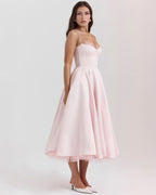 Lace Trim Corset Bustier Spaghetti Strap Pleated Pocket Tea Length Dress