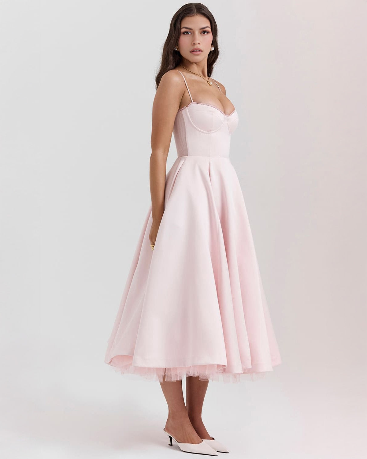 Lace Trim Corset Bustier Spaghetti Strap Pleated Pocket Tea Length Dress