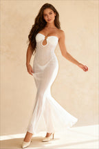 Strapless Sweetheart O-Ring Keyhole Corset Seam Sheer Mesh Maxi Dress