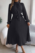 Mock Neck Lantern Sleeve Belted Pleated A-Line Midi Dress