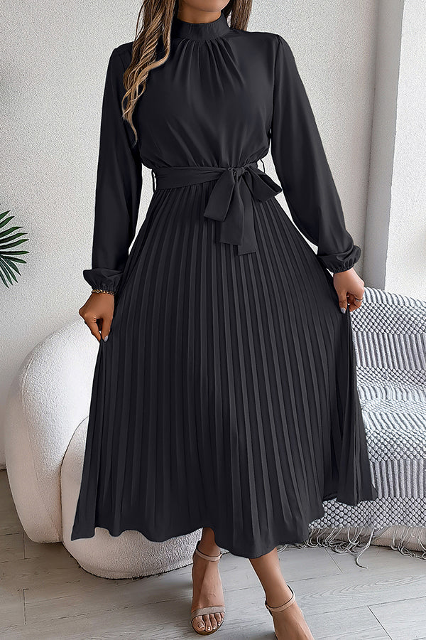 Mock Neck Lantern Sleeve Belted Pleated A-Line Midi Dress