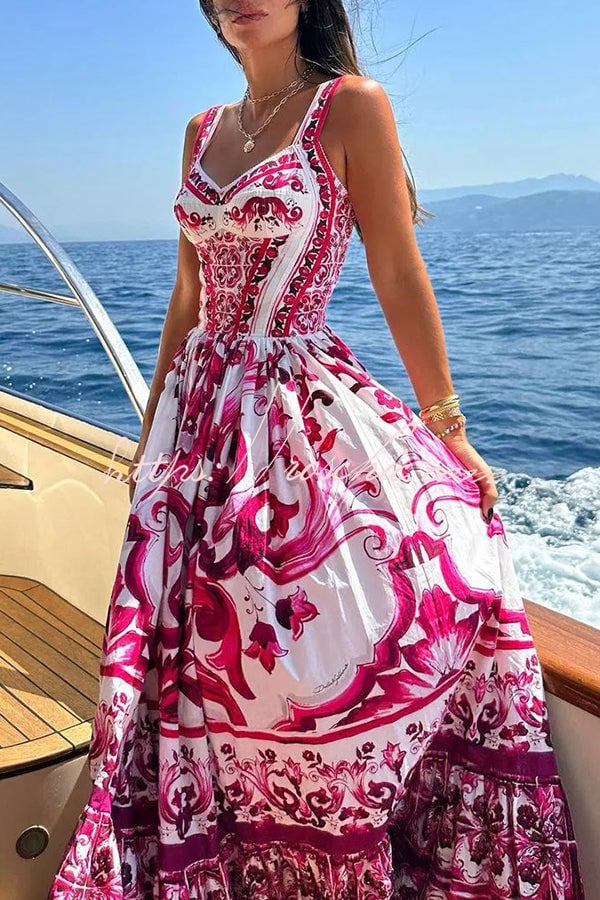 Tile Print Corset Bodice Tiered Ruffle Maxi Dress