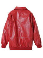 Red PU Leather Jacket Collared Long Sleeves Zipper Daily Casual Jackets