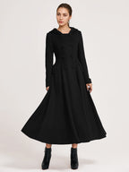 Woolen Flared Coat With Hood Dark Navy Double-breasted Elegant A-line Winter Long Outerwear For Women 2026