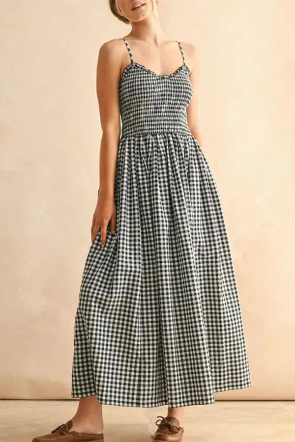 Stylish Plaid Print Spaghetti Strap Ruched Casual Pocket Maxi Dress