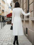 White Woolen Double-Breasted Midi Coat With Sharp Lapel And X-Line For Women 2026