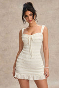 Smocked Tie Front Sweetheart Neck Wide Strap Ruffle Hem Mini Dress