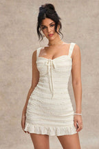 Smocked Tie Front Sweetheart Neck Wide Strap Ruffle Hem Mini Dress