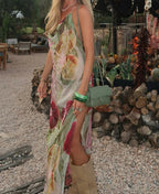 Floral Print Cowl Neck Spaghetti Strap Sheer Chiffon Maxi Dress