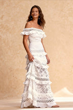 Lace Off Shoulder Ruffled Tiered Maxi Dress