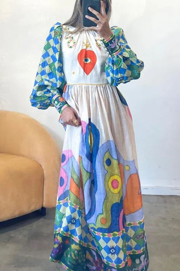 Mock Neck Lantern Sleeve Heart and Eye Graphic Print A-Line Maxi Dress