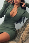 Rib Knit Long Sleeve Quarter Zip Mock Neck Bodycon Mini Dress