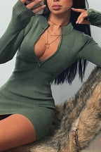 Rib Knit Long Sleeve Quarter Zip Mock Neck Bodycon Mini Dress