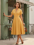 Vintage Glamour Dress Turndown Collar Buttons 1950s Style Short Sleeves Medium Yellow Rockabilly Dress