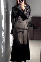 Mock Neck Bishop Sleeve Ruched Waist Satin Maxi Dress