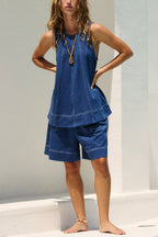 Stylish Loose-fitting Round Neck Sleeveless Top and Casual Pocket Shorts Denim Set