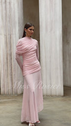 Garance Pink Asymmetrical Ruched Mesh Maxi Dress