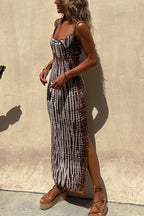 Tie Dye Print Crisscross Back Spaghetti Strap Bodycon Maxi Dress