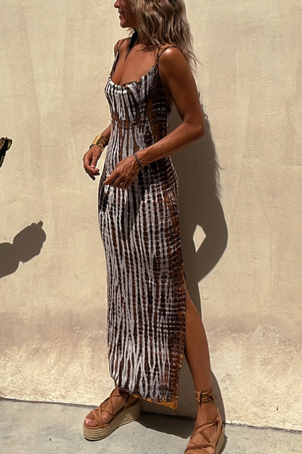 Tie Dye Print Crisscross Back Spaghetti Strap Bodycon Maxi Dress
