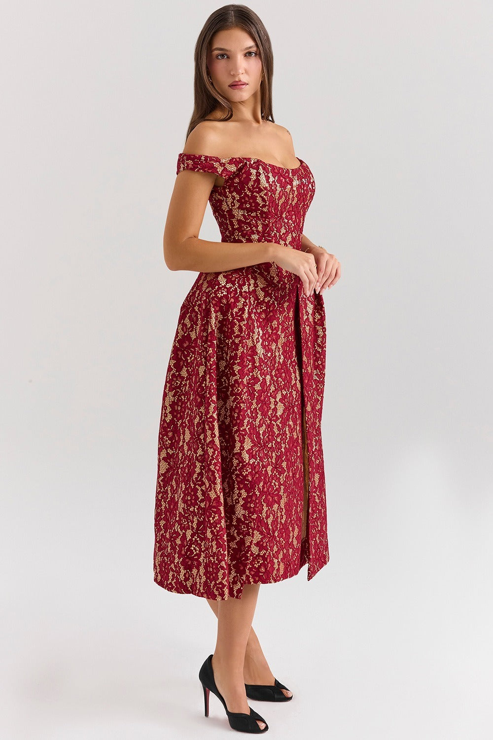 Off Shoulder Floral Lace Overlap Panel Fit and Flare Midi Dress