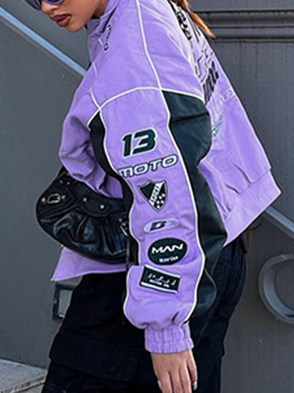 Color Block Splice Print Motorcycle Jacket