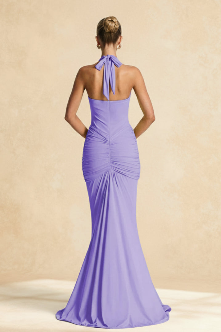 Halter Neck Deep V-Neck Ruched Mermaid Maxi Gown