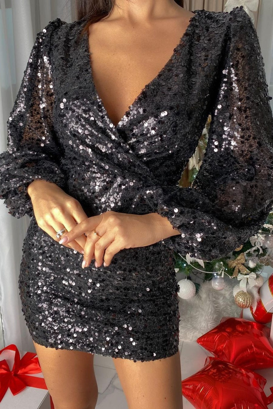 Sequin Wrap Deep V-Neck Lantern Sleeve Bodycon Mini Dress