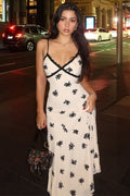 White Spaghetti Strap V Neck Lace Trim Ditsy Floral Print Slip Maxi Dress