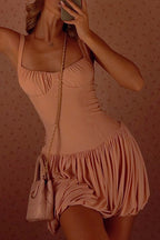Ruched Bustier Wide Strap Bubble Hem Pleated Mini Dress