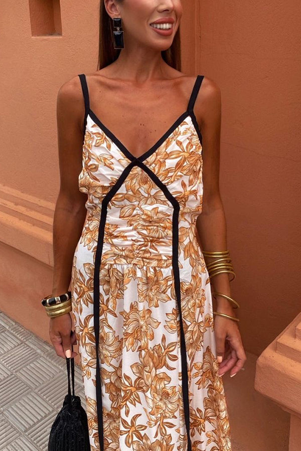 Floral Print Spaghetti Strap Contrast Trim Pleated Maxi Dress