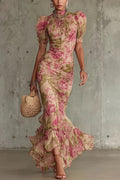 Unique Print Stand Collar Puff Sleeve Slim Fit Ruffle Maxi Dress