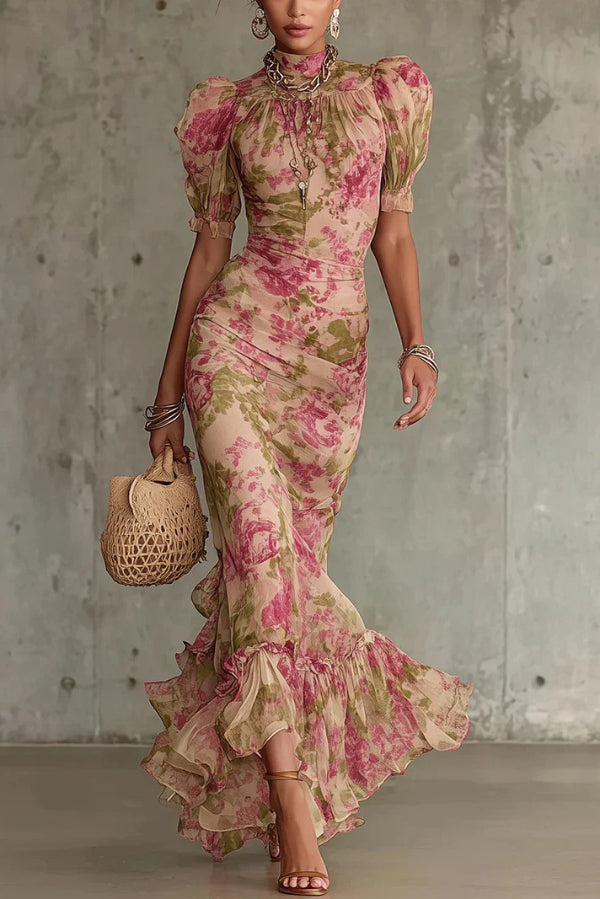Unique Print Stand Collar Puff Sleeve Slim Fit Ruffle Maxi Dress