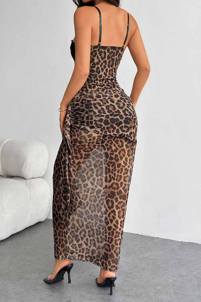 Print Lace Corset Bustier Ruched Mesh Maxi Skirt Two Piece Set