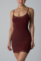 Lace Trim Spaghetti Strap Scoop Neck Slip Bodycon Mini Dress