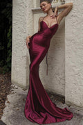 Satin Spaghetti Strap Deep V-Neck Lace Up Back Mermaid Maxi Gown