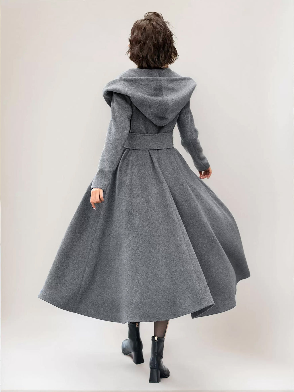 Flared Woolen Coat For Woman Hooded Gray Belted A-line Winter Long Outerwear 2026