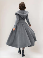 Flared Woolen Coat For Woman Hooded Gray Belted A-line Winter Long Outerwear 2026