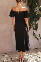 Satin Off Shoulder Flutter Sleeve Sweetheart Ruched Side Slit Midi Dress