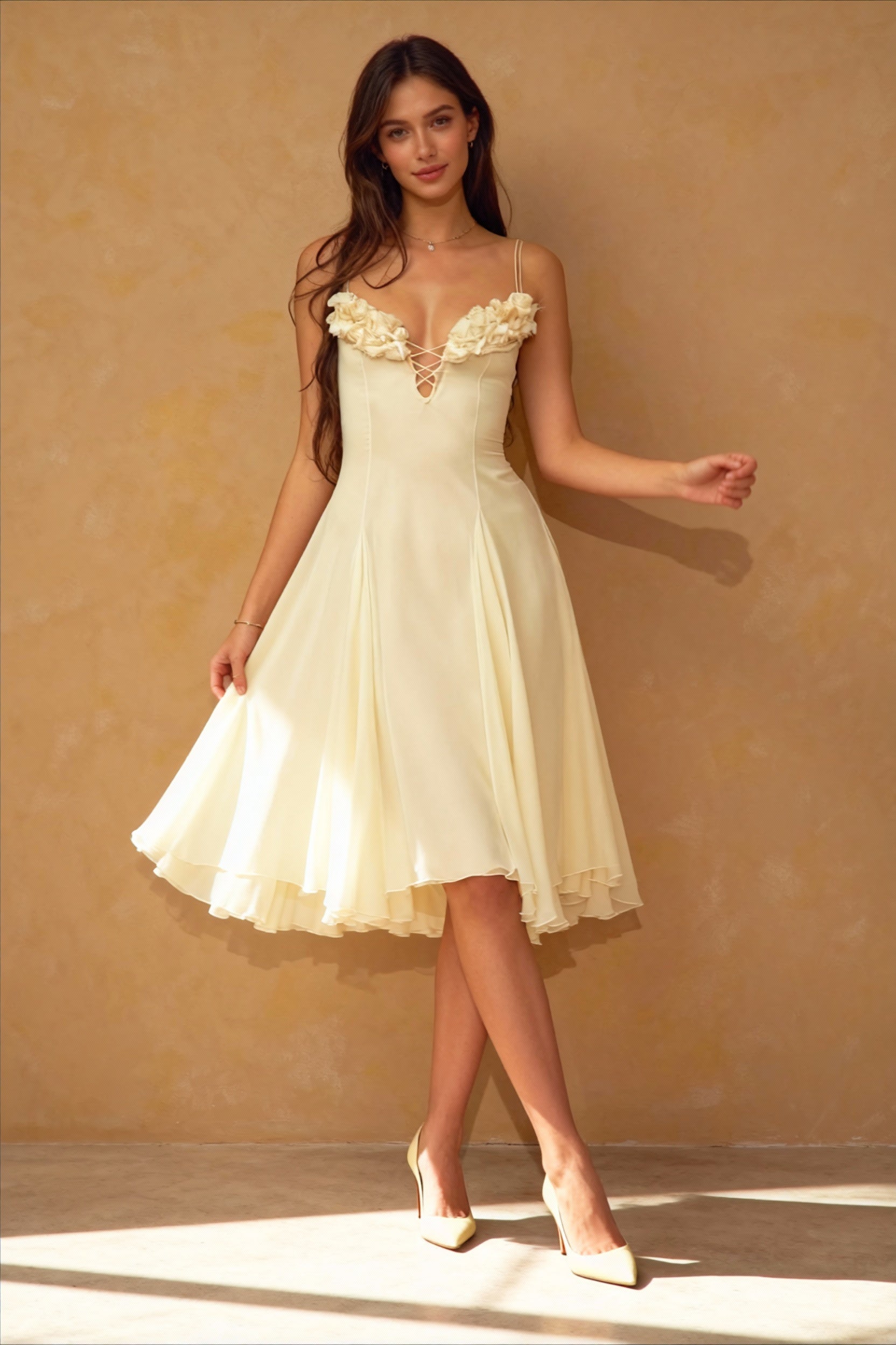 Chiffon Deep V-Neck Lace Up Corset 3D Floral A-Line Midi Dress