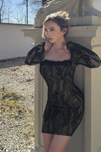 Floral Lace Square Neck Long Sleeve Scalloped Trim Bodycon Mini Dress