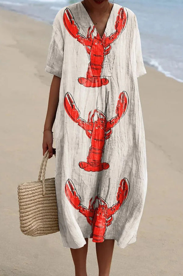 Lobster Print V-Neck Short Sleeve Nautical Stripe Hem Shift Midi Dress