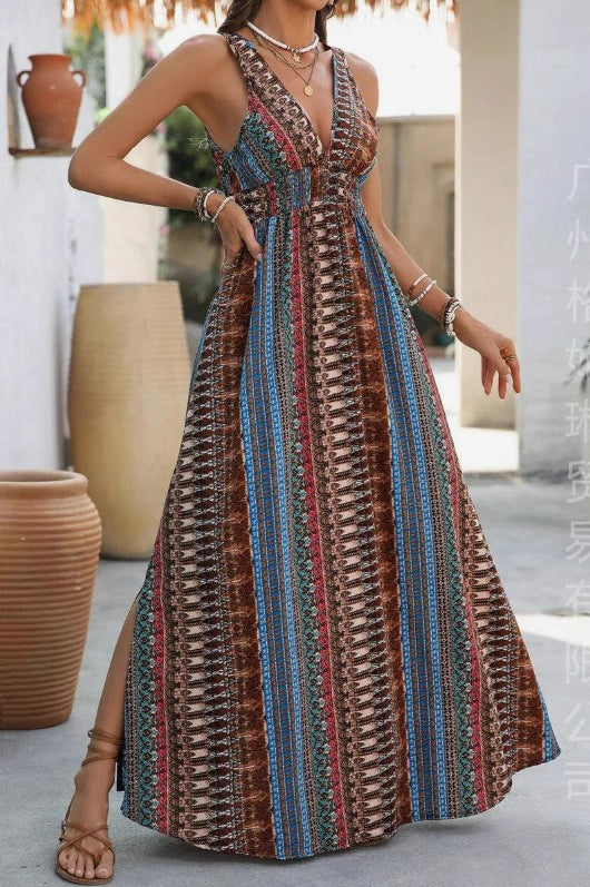 Smocked V-Neck Boho Print Flowy Maxi Summer Dress