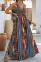 Smocked V-Neck Boho Print Flowy Maxi Summer Dress