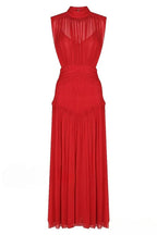 Sleeveless Mock Neck Pleated Waistband Chiffon Maxi Dress